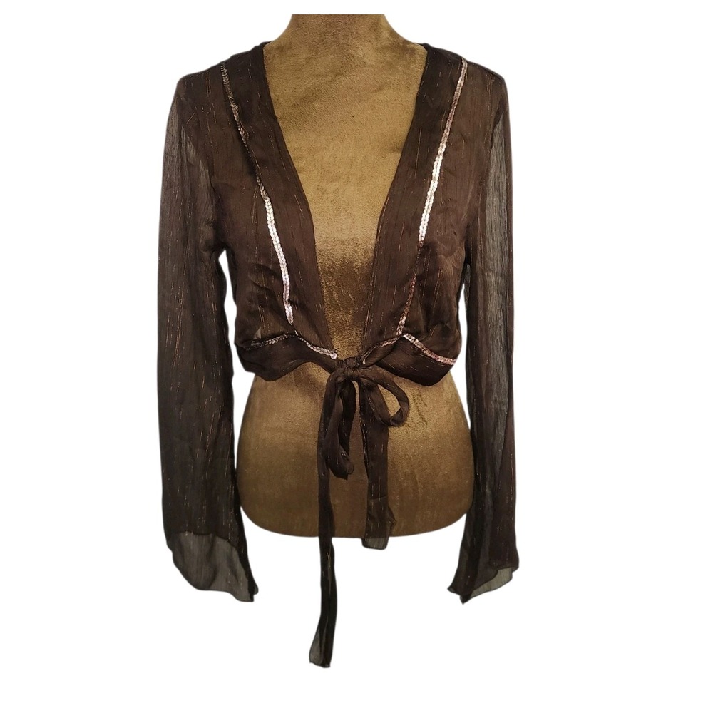 Y2K Rue21 Cropped Bolero Cardigan Tie Front Size L Brown Sequin Metallic Flare